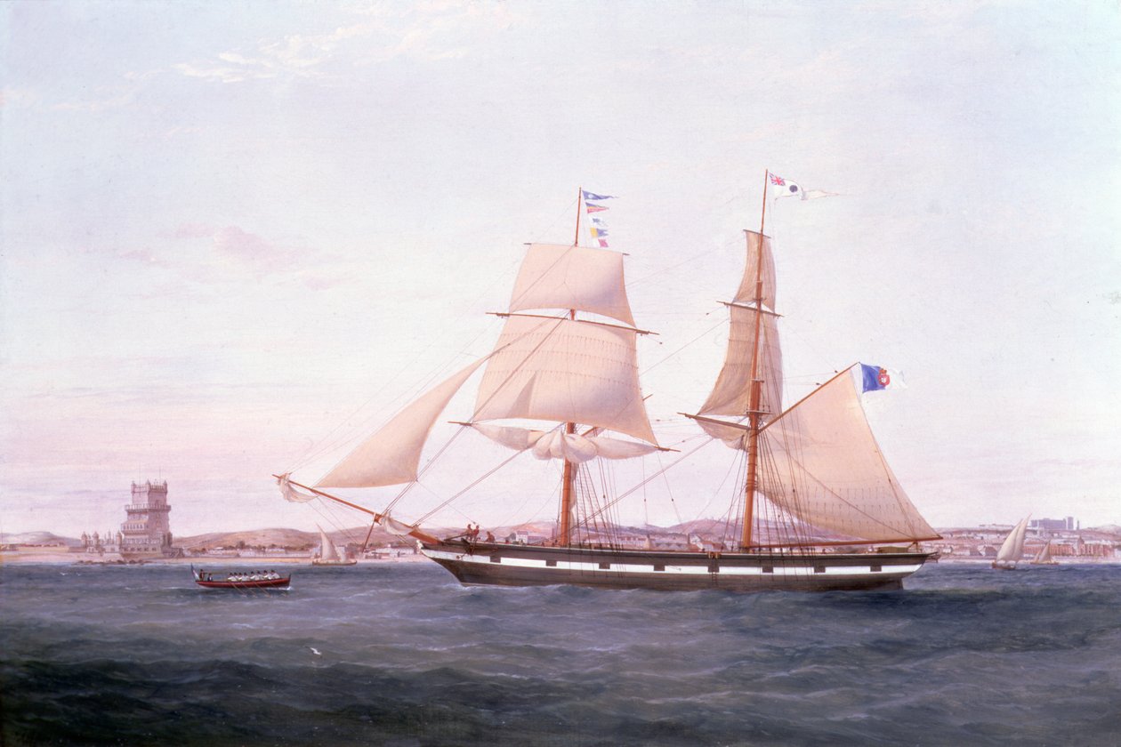 Die Maria Helena vor Lissabon mit dem Turm von Belem vor ihrem Bug von Samuel Walters