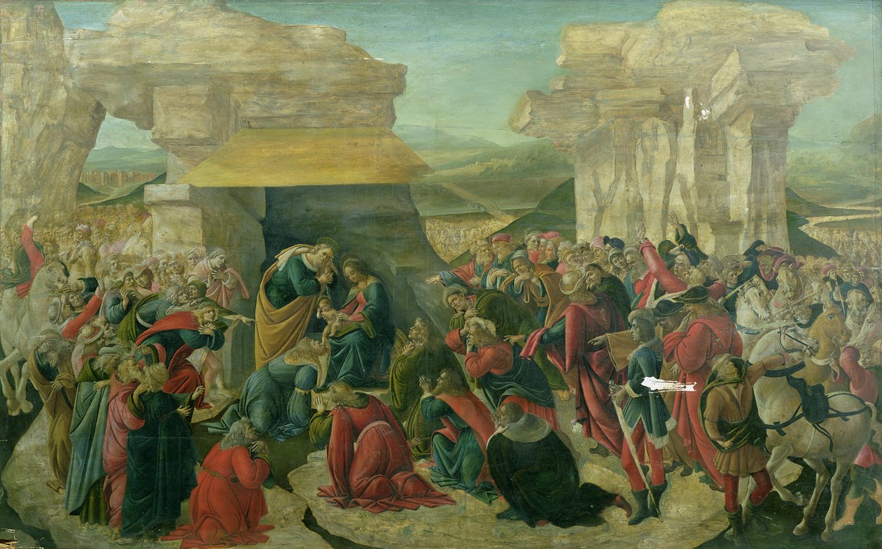 Anbetung der Könige, ca. 1480 (Tempera auf Holz) (beschädigt) von Sandro Botticelli