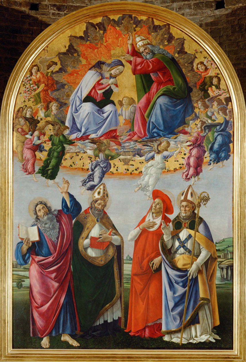 Krönung der Jungfrau mit sechzehn Engeln und Heiligen: Johannes Evangelist, Augustinus, Hieronymus und Eligius von Sandro (1444/5-1510) Botticelli