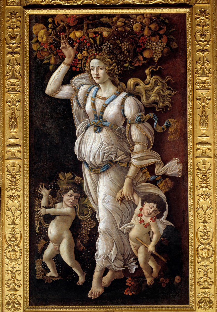 Herbst oder Allegorie gegen Alkoholmissbrauch. Eine junge Frau trägt auf ihrem Kopf einen Korb voller Früchte, der Überfluss darstellt, und zieht zwei betrunkene kleine Kinder (Bacchus) an der Hand von Sandro Botticelli
