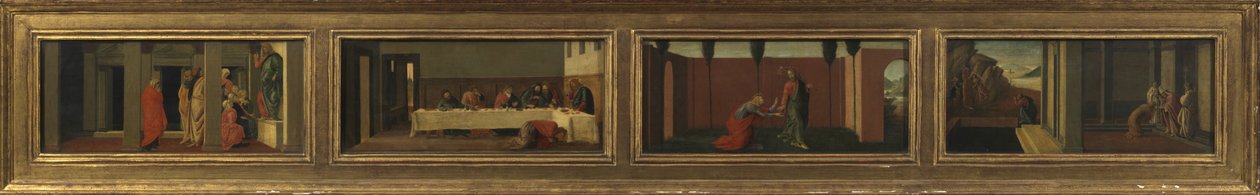 Szenen aus dem Leben der Maria Magdalena (vier Predella-Tafeln - a. Christus lehrt; b. Fest im Haus von Simon; c. Noli me Tangere; d. letzte Momente der Magdalena) von Sandro (after) Botticelli