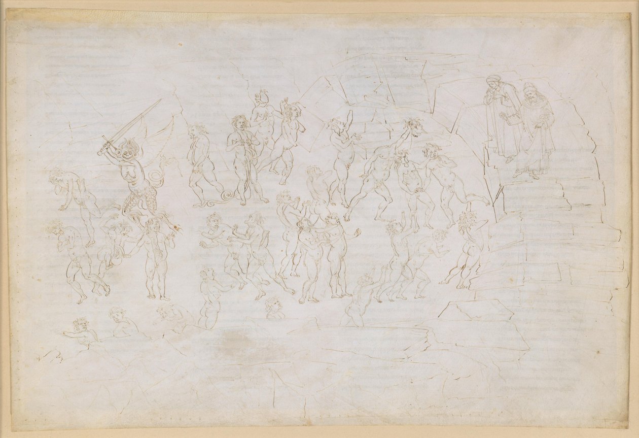 Die Göttliche Komödie, Inferno XXVIII. Vergil und Dante im achten Kreis der Hölle (Malebolge), 9. Bolgia: Bestrafung der Häretiker und Zwietrachtstifter; Begegnung mit Mohammed und Bertran de Born von Sandro Botticelli
