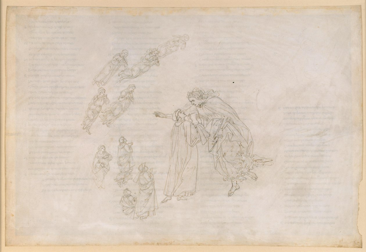 Die Göttliche Komödie, Paradiso IV. Erste Planetensphäre (Mondhimmel): Beatrice klärt Dante über den eigentlichen Sitz der Seligen auf von Sandro Botticelli