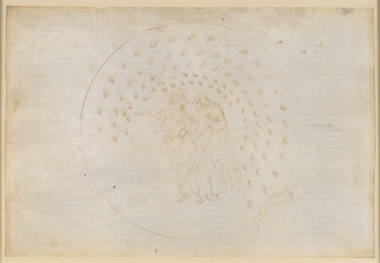 Die Göttliche Komödie, Paradiso VIII. Dritte Planetensphäre (Himmel der Venus): Das Reich der Liebenden; Die Seele Karl Martells klagt über seine Familie und legt Dante die Gründe für die Unterschiedlichkeit der Menschen dar von Sandro Botticelli