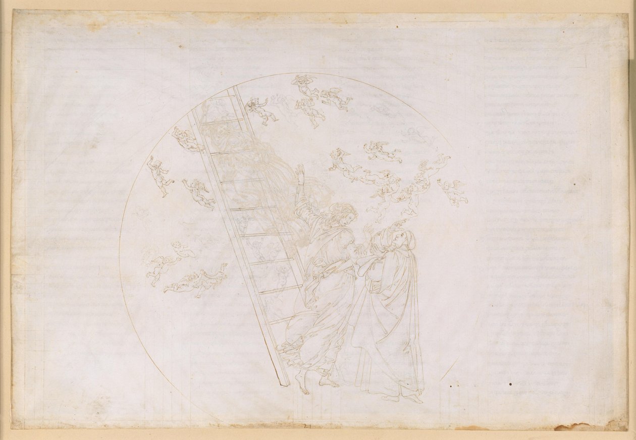 Die Göttliche Komödie, Paradiso XXI. Übergang zur siebten Planetensphäre (Himmel des Saturn): Dante sieht die Jakobsleiter und das Licht der Seligen, die sich einst in der Kontemplation bewährt haben; Rede des Petrus Damianus von Sandro Botticelli