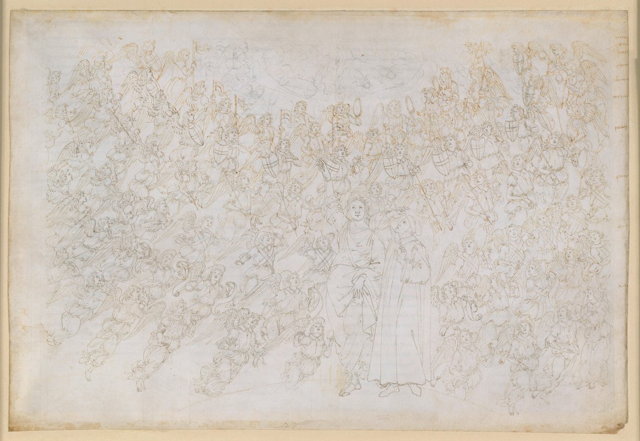 Die Göttliche Komödie, Paradiso XXVIII. Neunte Sphäre (Kristallhimmel oder Primum Mobile): Dante sieht Gott als grell leuchtenden Punkt, von Engelchören umkreist; Beatrice erläutert Hierarchie und Wirkkräfte der Sphäre von Sandro Botticelli