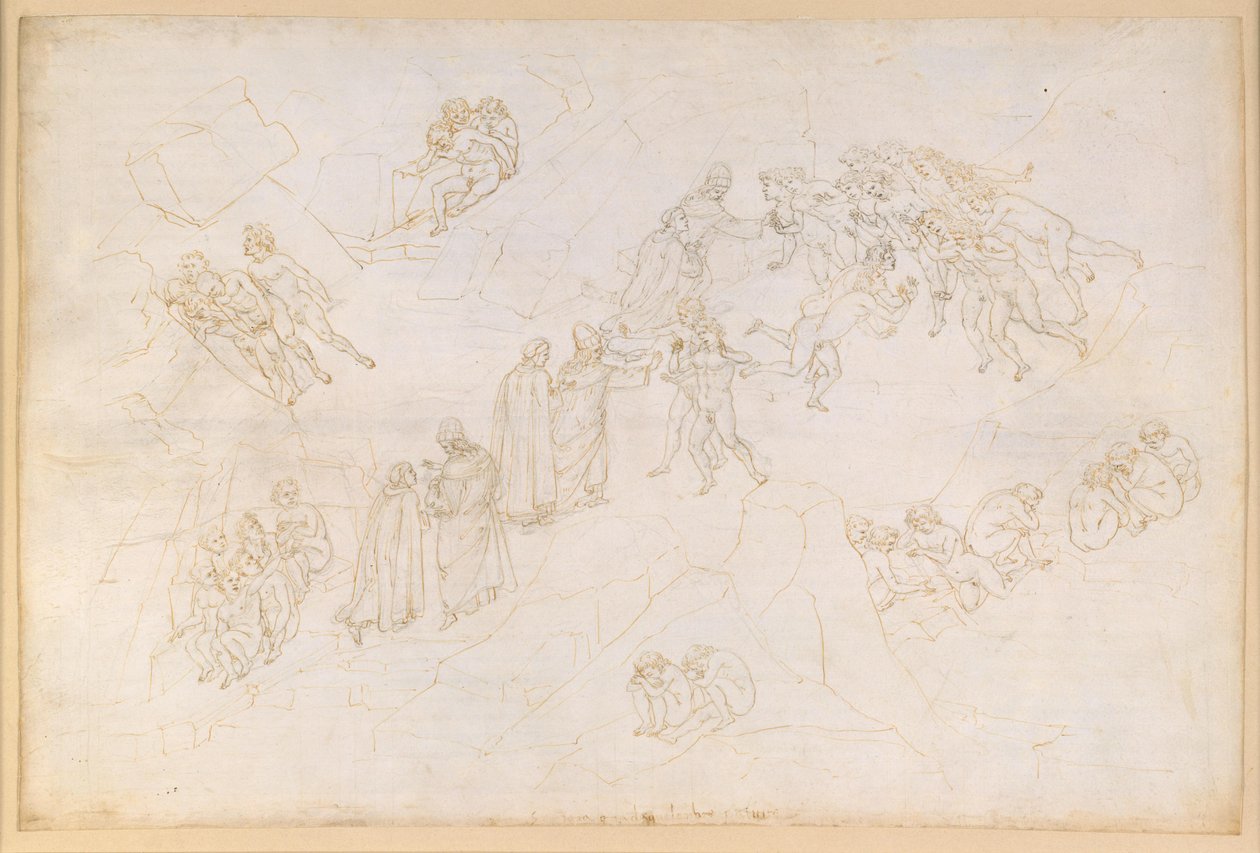 Die Göttliche Komödie, Purgatorio V. Vorpurgatorium, Mittelzone: Säumige, die infolge eines Gewaltaktes zu Tode kamen von Sandro Botticelli