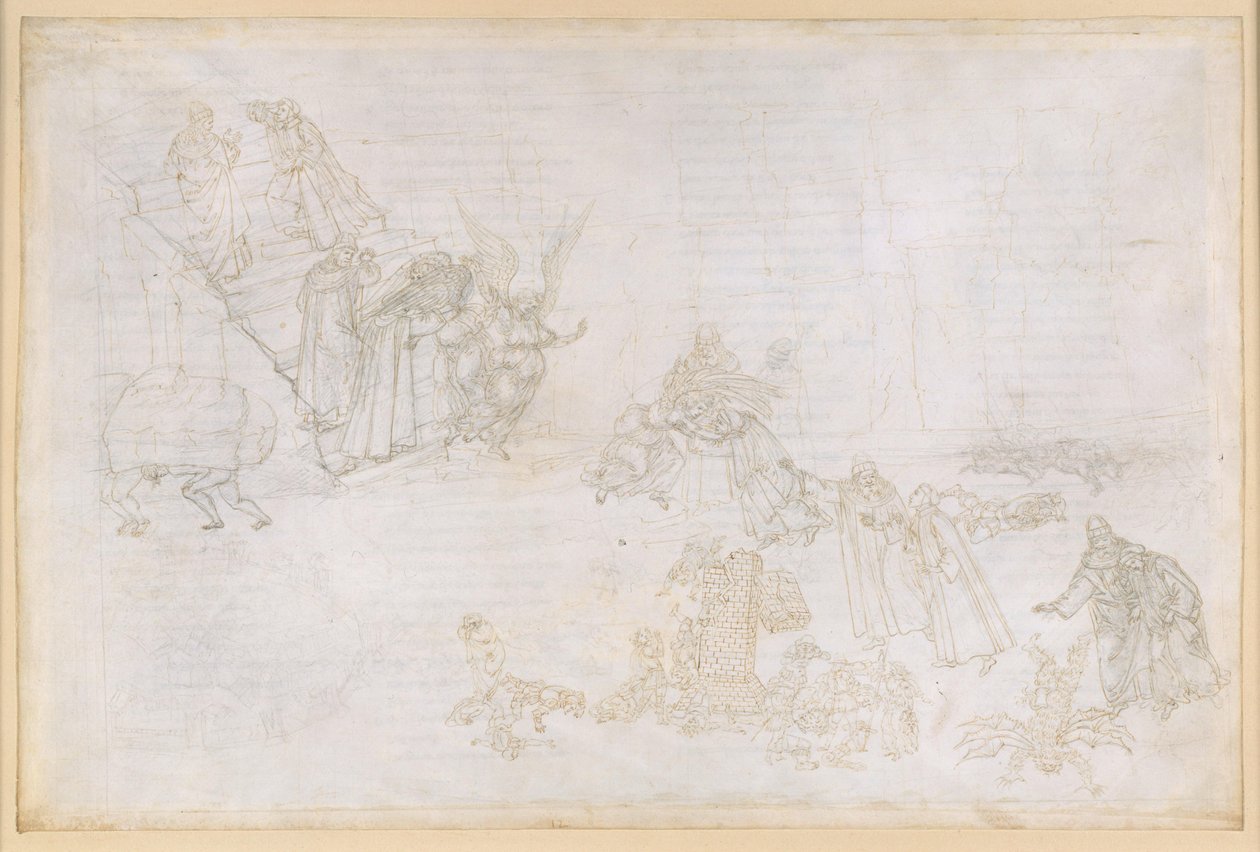 Die Göttliche Komödie, Purgatorio XII. Erster Ring des Purgatoriums: Bilder der Strafe für Hochmut; Der Engel vor den Stufen zum zweiten Ring von Sandro Botticelli