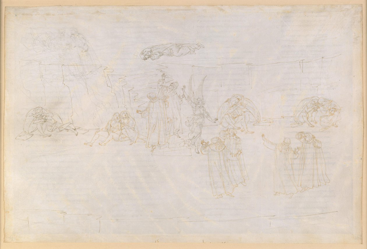 Die Göttliche Komödie, Purgatorio XV. Aufstieg zum dritten Ring des Purgatoriums: Der Engel vor der Treppe; Dantes Visionen von Sanftmut von Sandro Botticelli
