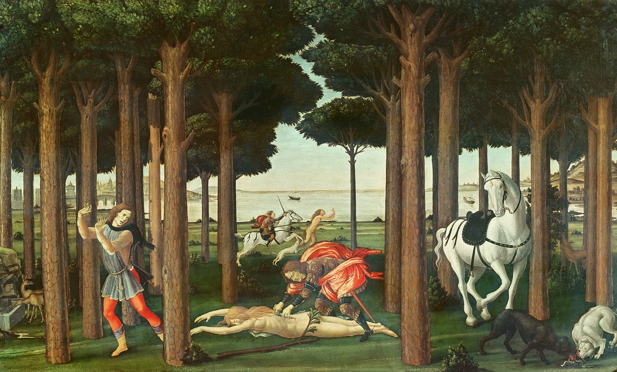 Die Ausweidung der verfolgten Frau: Szene II der Geschichte von Nastagio degli Onesti, um 1483 von Sandro Botticelli