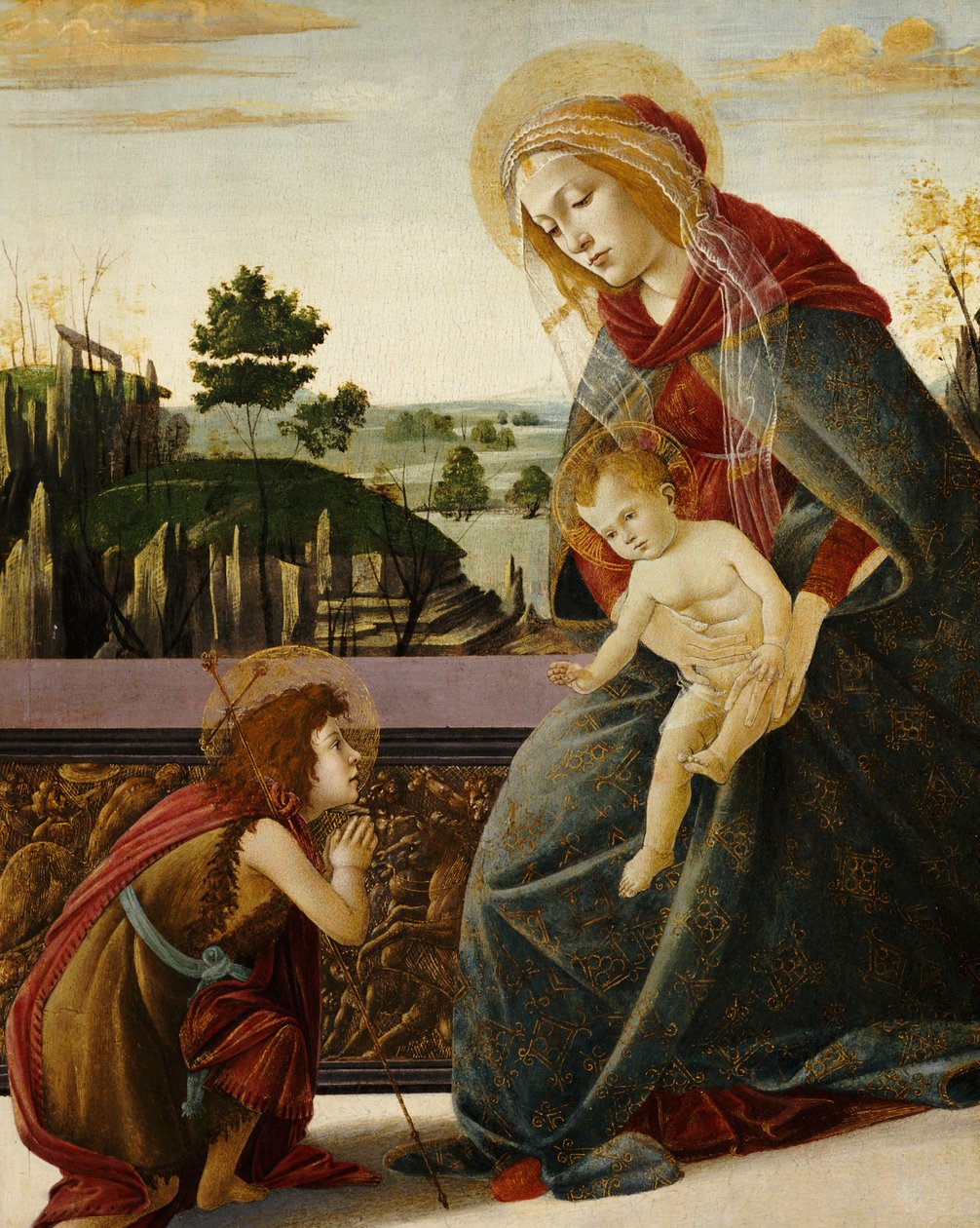 Die Madonna und das Kind mit dem jungen Johannes dem Täufer in einer Landschaft von Sandro Botticelli