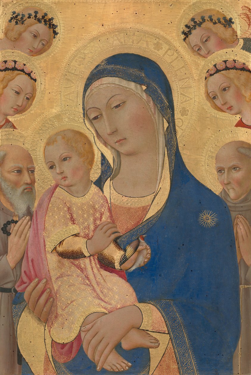Madonna mit Kind, Heiliger Hieronymus, Heiliger Bernardino und Engel, ca. 1460-1470 von Sano di Pietro