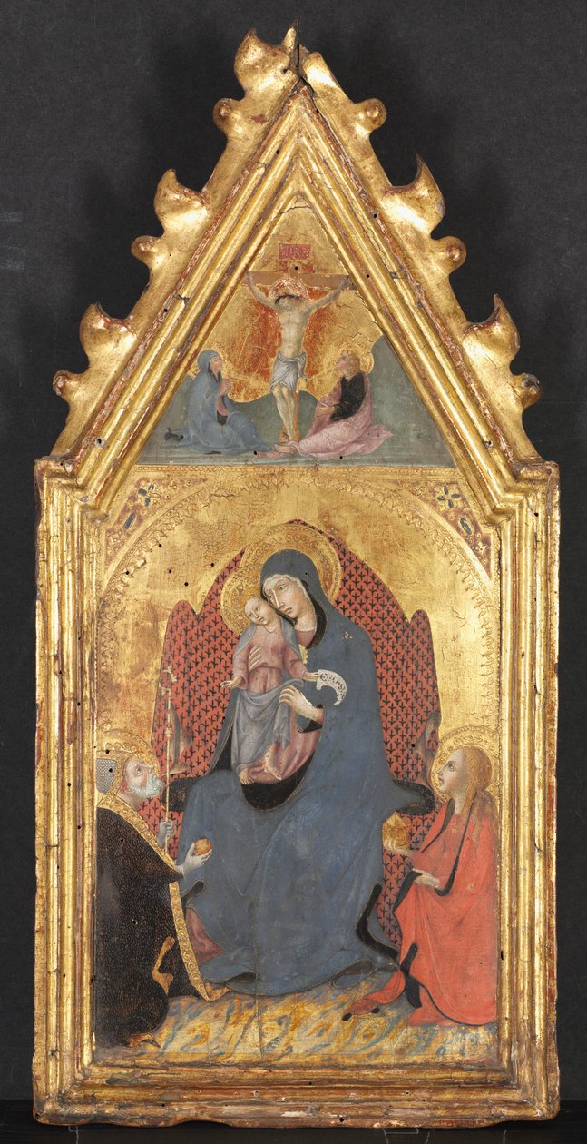 Jungfrau und Kind, verehrt von den Heiligen Maria Magdalena und Nikolaus von Bari, Christus gekreuzigt von Sano di Pietro
