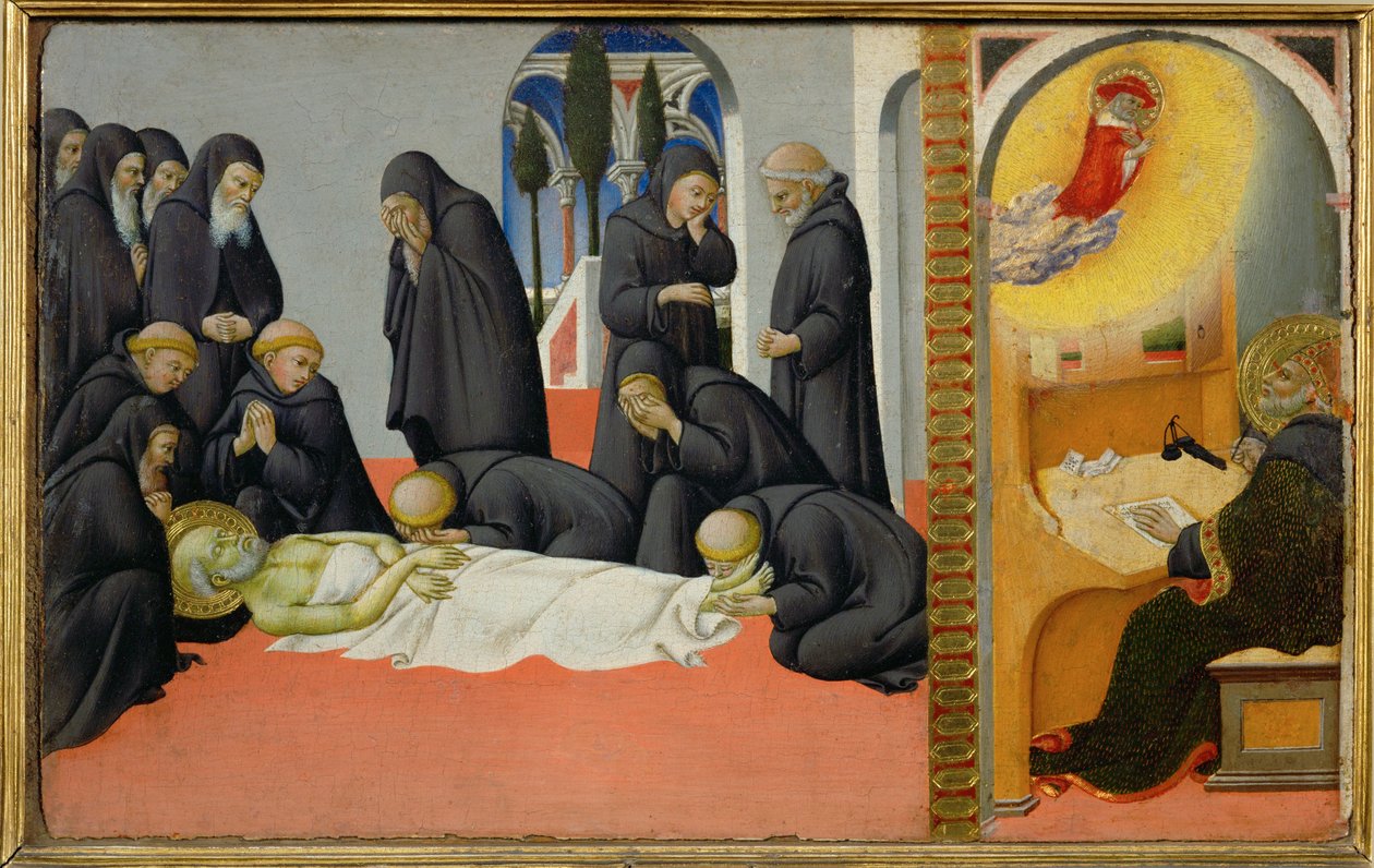 Der Tod des Heiligen Hieronymus unter seinen Jüngern von Sano di also Ansano di Pietro di Mencio Pietro