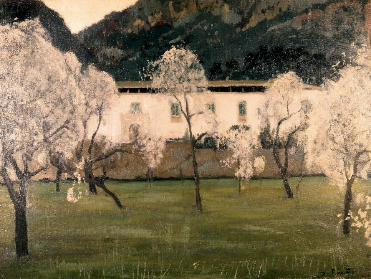 Landschaft mit Blumen in Bäumen. Gemälde von Santiago Rusinol y Prats (1861-1931). Öl auf Leinwand. Barcelona. Nationalmuseum für Kunst von Katalonien. von Santiago Rusinol i Prats