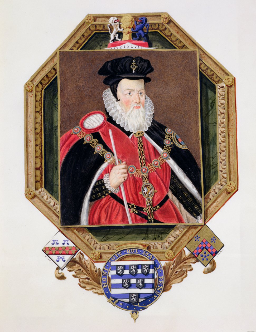 Porträt von William Cecil, 1. Baron Burghley, aus Memoirs of the Court of Queen Elizabeth, nach einem Bild von Marcus Gheeraerts dem Jüngeren, veröffentlicht 1825 von Sarah Countess of Essex