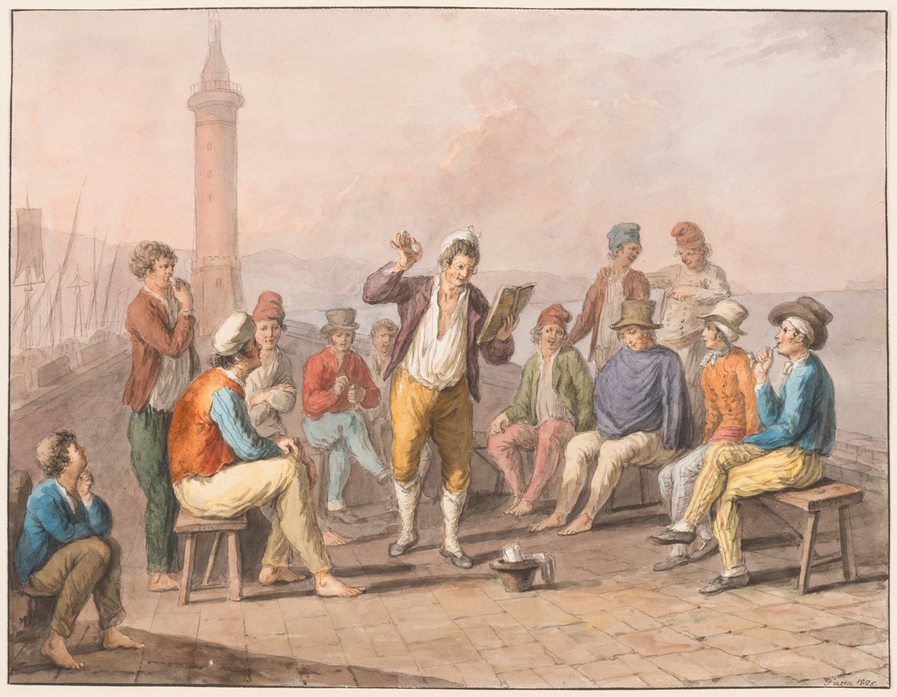 Aquarell; Rinaldo Rinaldini rezitiert auf dem Steg von Saverio della Gatta