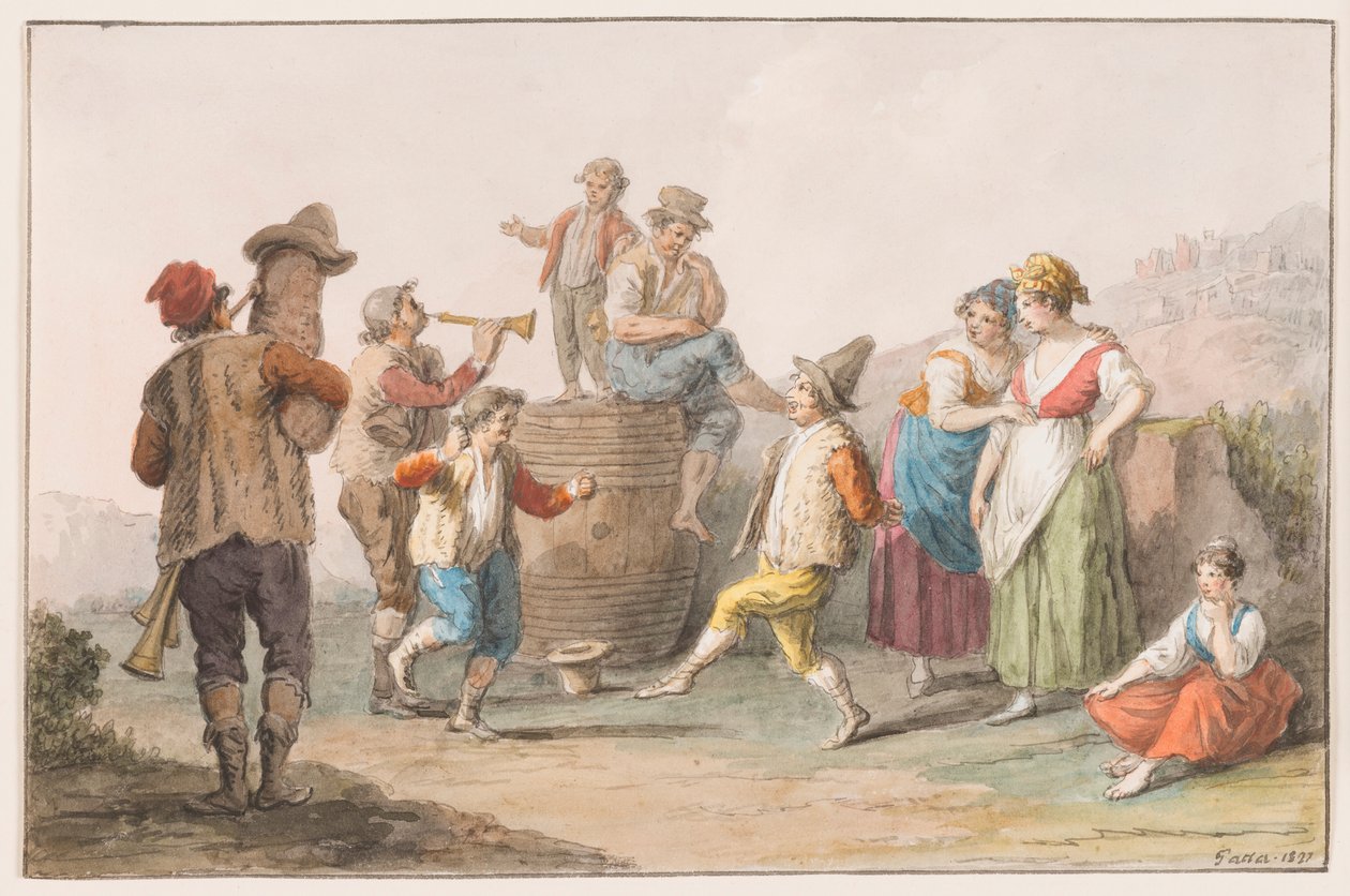 Aquarell; Zwei Bauern tanzen zur Musik von Dudelsack und Horn von Saverio della Gatta