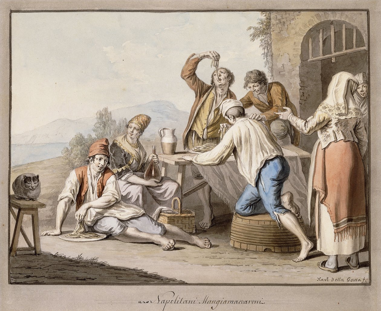 Neapolitaner essen Makkaroni; Napolitani Mangia maccaroni von Saviero Xavier della Gatta