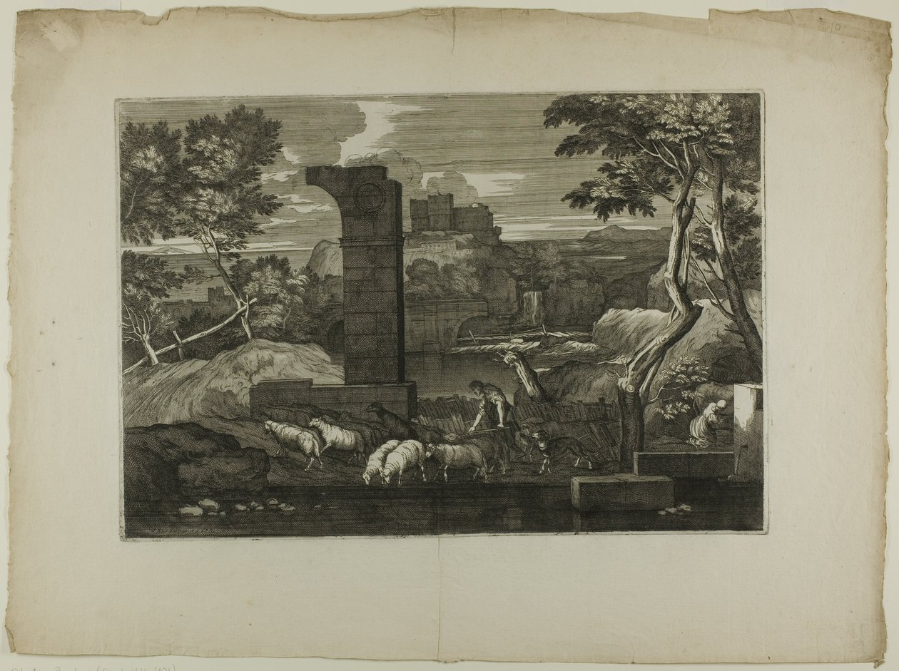 Landschaft mit einem Hirten und seiner Herde von Sébastien Bourdon