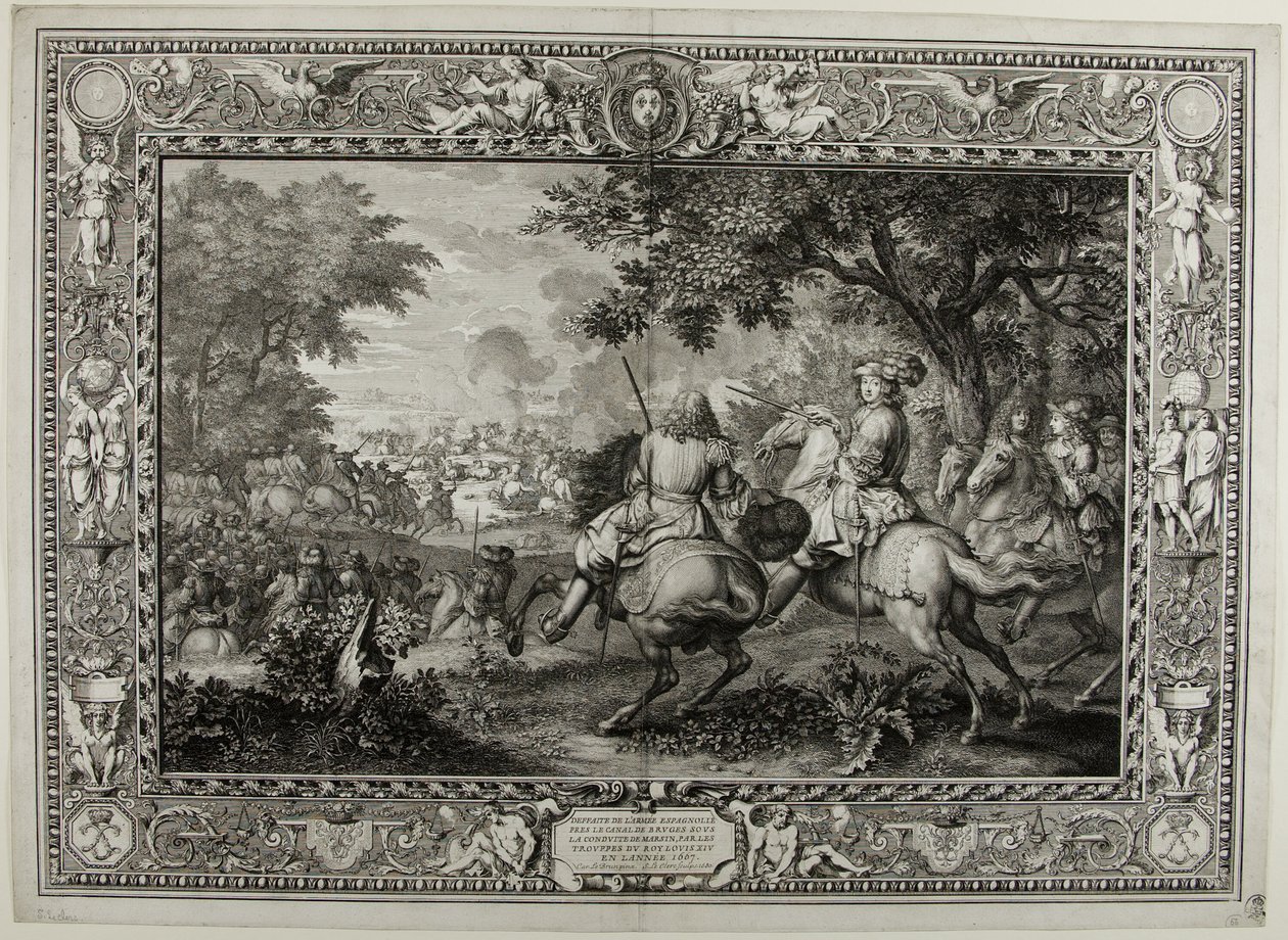 Niederlage der spanischen Armee in der Nähe des Kanals bei Brügge durch die Truppen von König Ludwig XIV. 1667 von Sébastien Le Clerc the elder