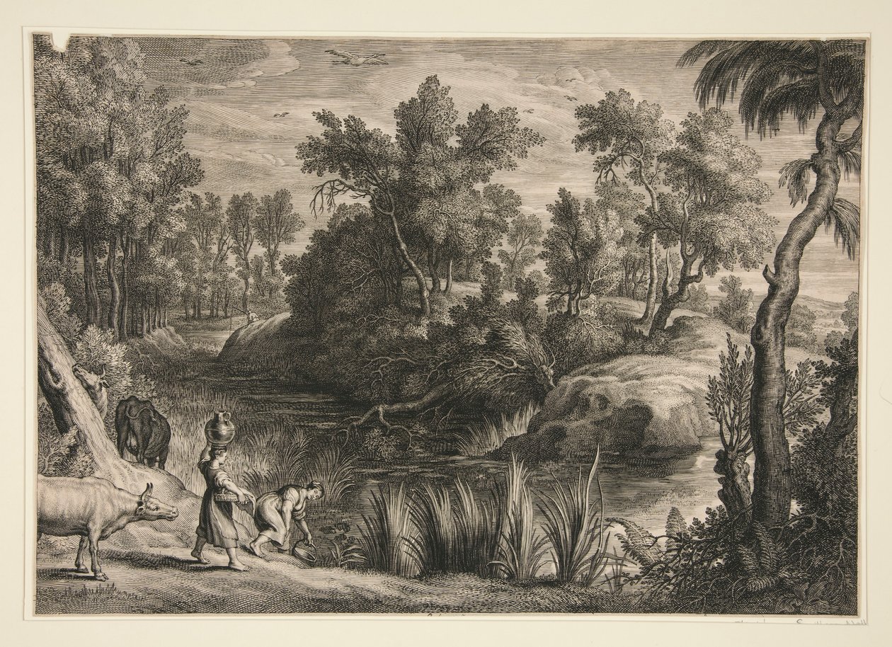 Zwei Frauen holen Wasser aus einem Bach von Schelte Adams Bolswert