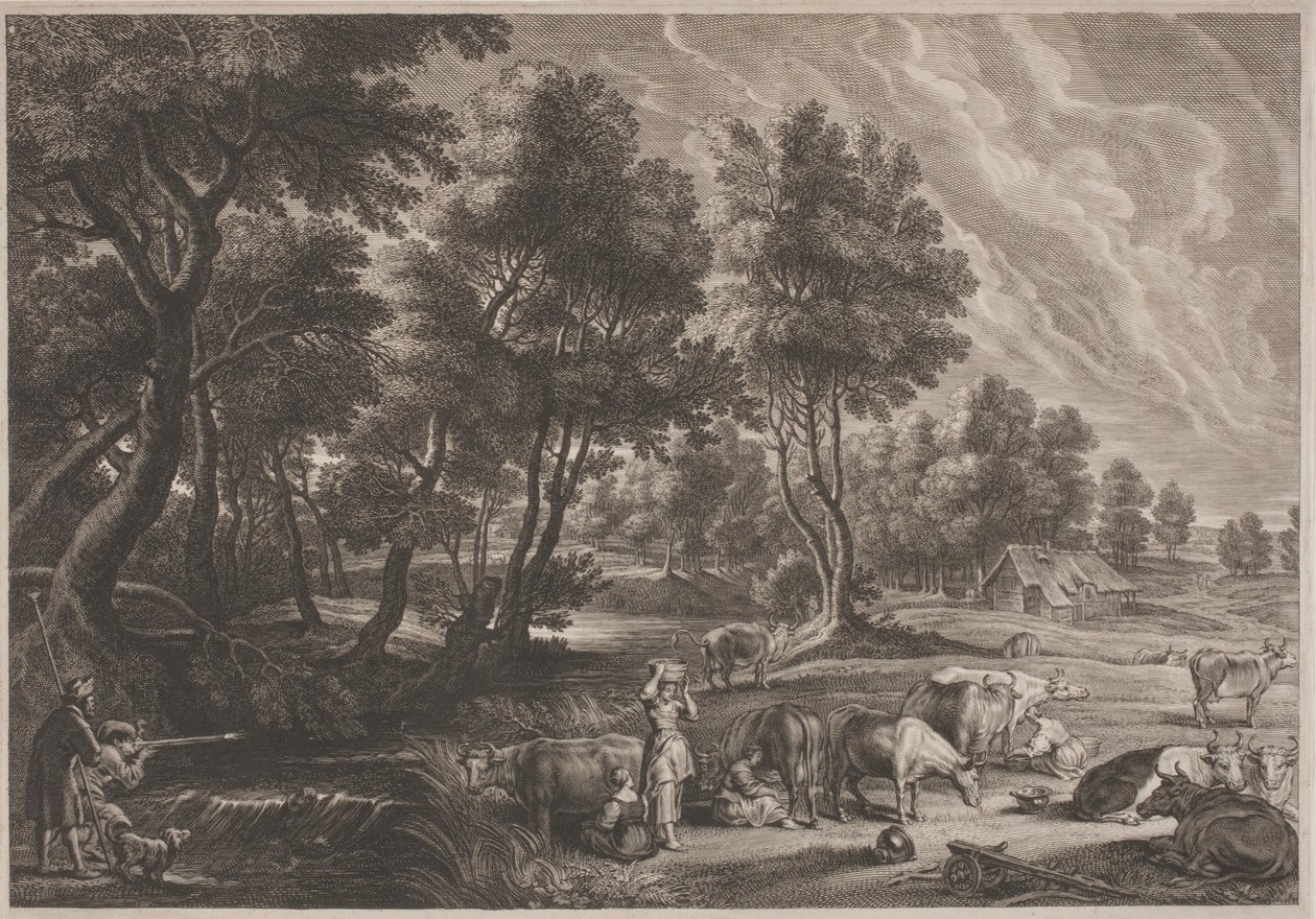 Bauernlandschaft mit Jägern und Milchmädchen von Schelte Adams Bolswert, after Sir Peter Paul Rubens