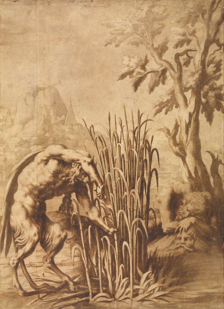 Pan schneidet das Schilfrohr, in das sich die Nymphe Syrinx verwandelt hat von Fontainebleau School