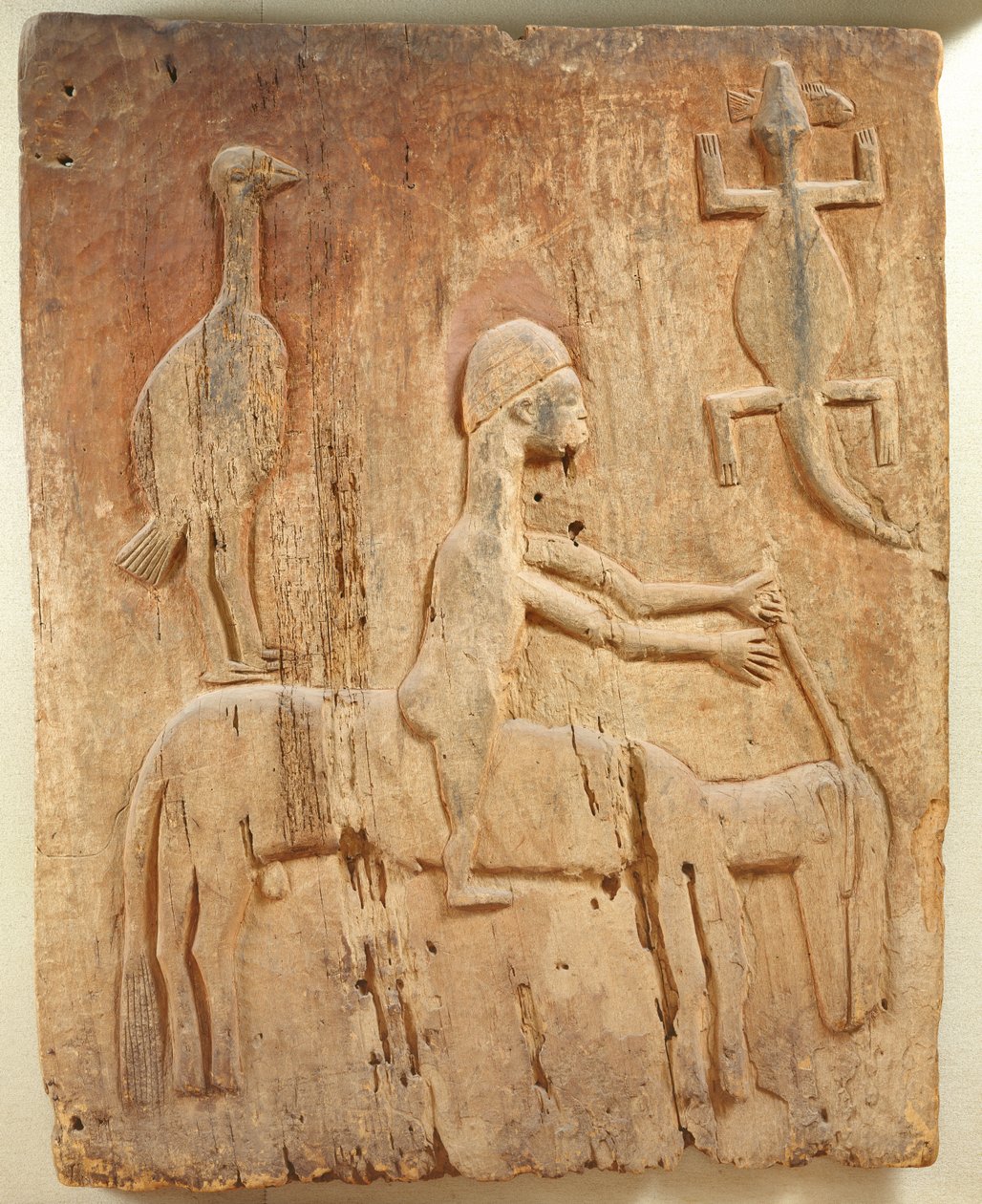 Tür mit einem Relief, das einen Reiter darstellt, Baule-Bevölkerung, von der Elfenbeinküste von School African