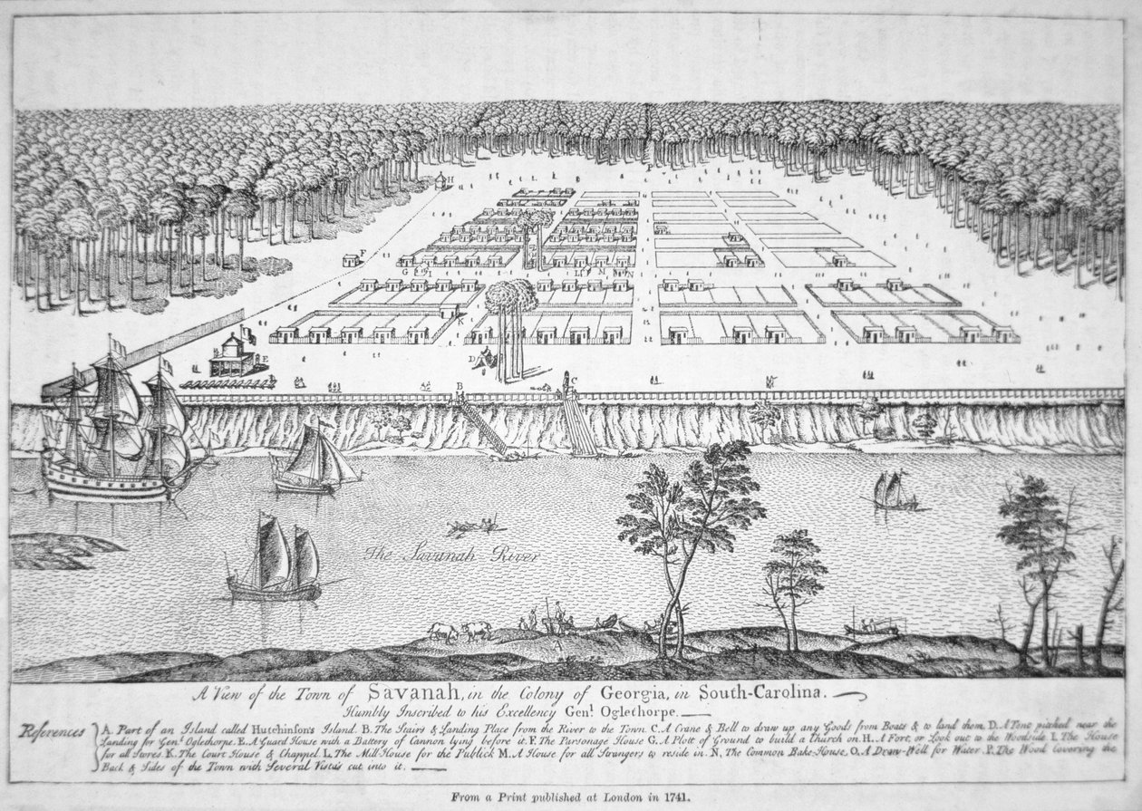 Ansicht von Savannah, Georgia im Jahr 1741 von School American