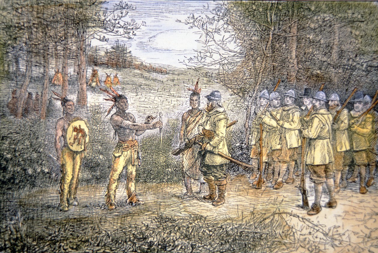 Kapitän Miles Standish handelt mit Wampanoag-Indianern im Jahr 1621 von School American