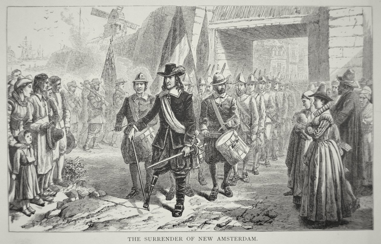 Gouverneur Peter Stuyvesant übergibt Neu-Amsterdam 1664 an die Briten von School American