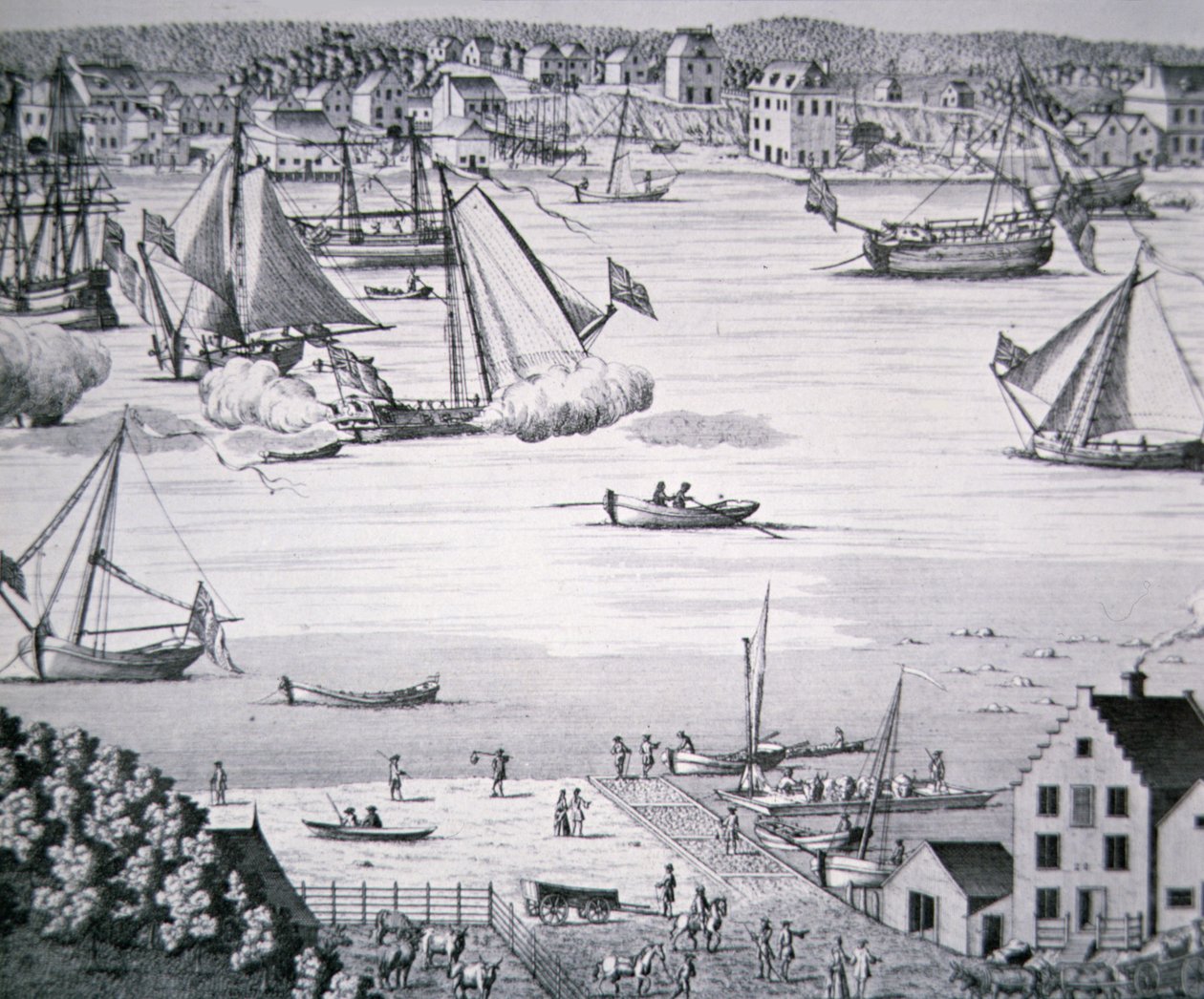 Blick auf den East River, New York ca. 1750 mit einem Schiffbauzentrum von School American