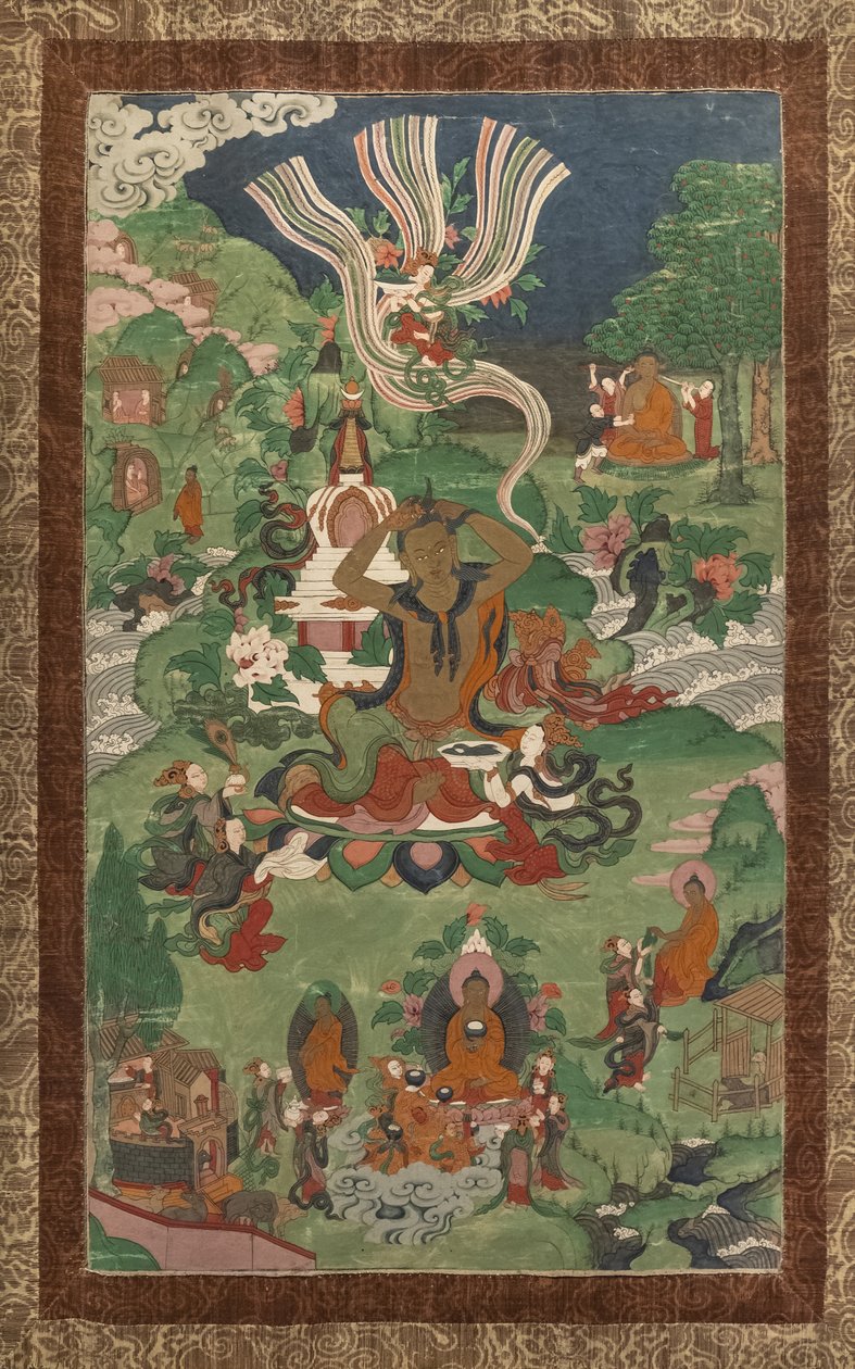 Haarschnitt und andere Szenen. Thangka aus einer Fortsetzung, die den Hauptereignissen im Leben des Buddha gewidmet ist. von School Asian