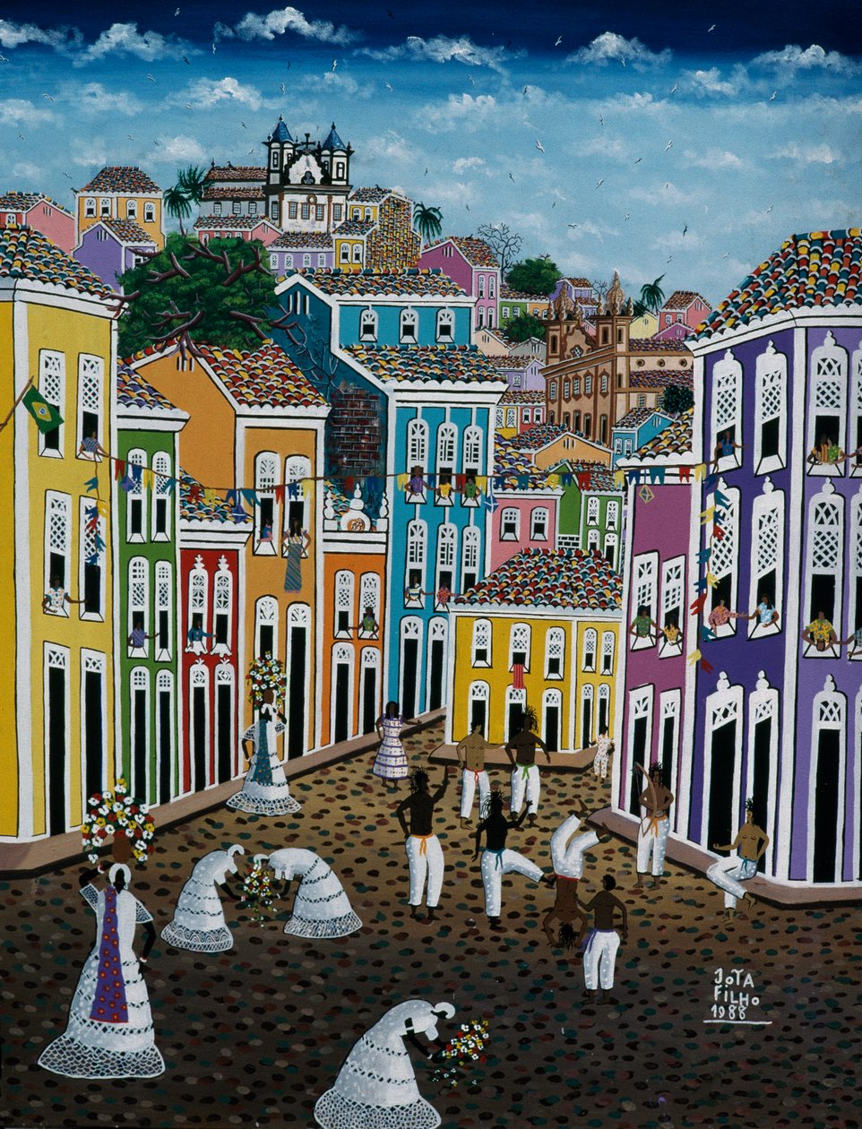 Naive Kunstmalerei, die eine Straßenszene darstellt, Bundesstaat Bahia, Brasilien von School Brazilian