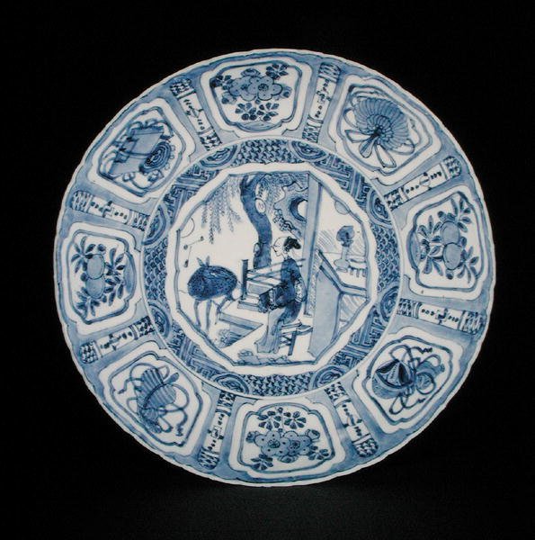 Blau-weiße Kraak-Schale mit einer Dame und einem Hirsch, Wanli von School Chinese