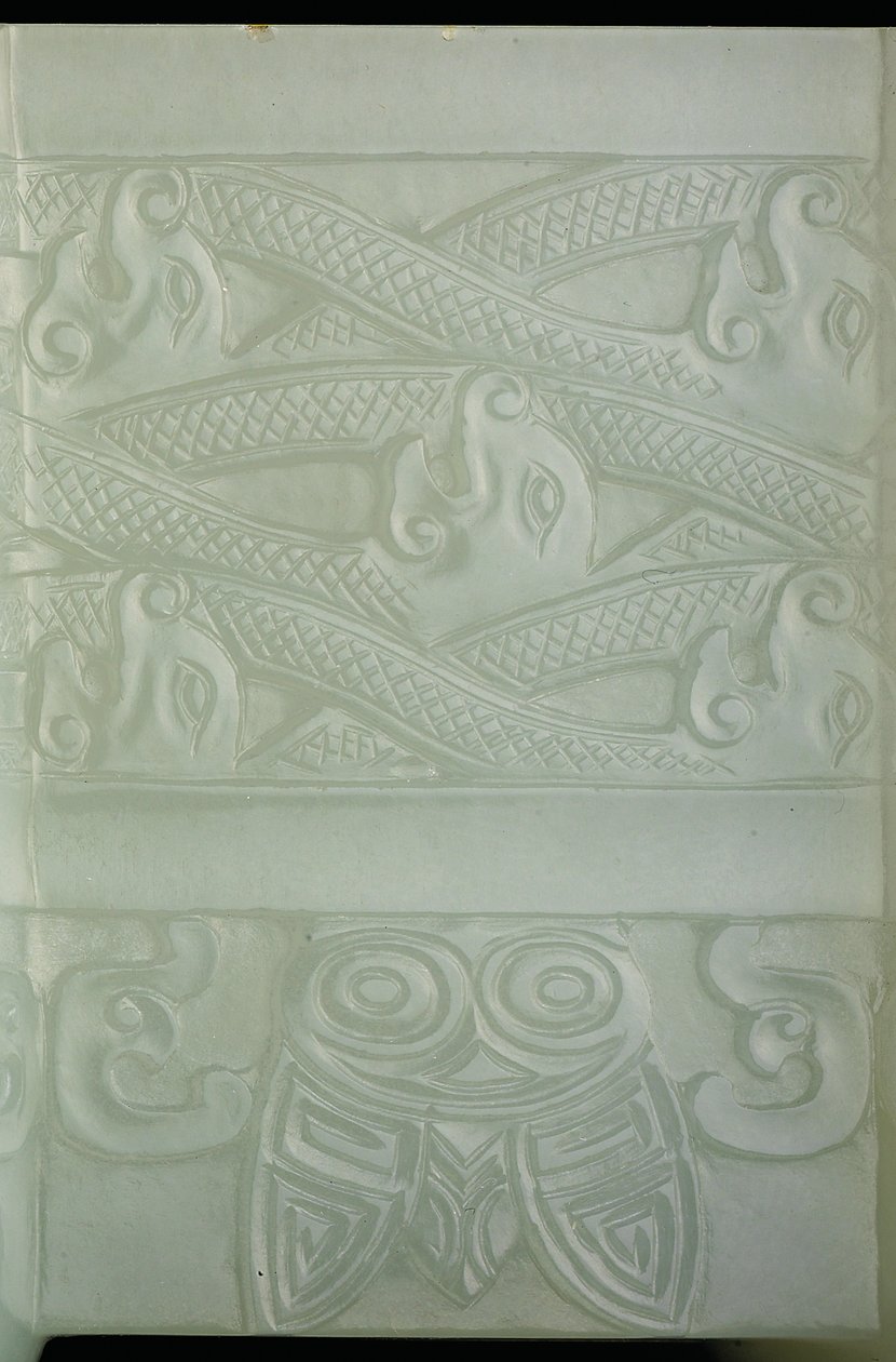 Detail eines archaischen Gefäßes und Deckels, Tulu, Qianlong-Periode (1736-95) (blassgrüner Jade) von School Chinese