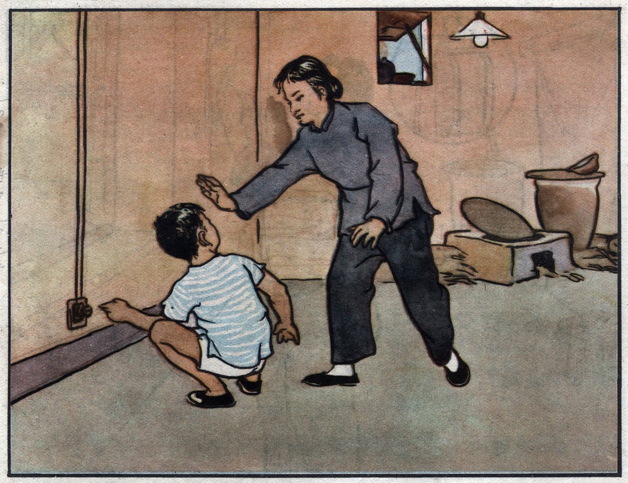 Zeichnung, Mutter warnt ihr Kind vor der Gefahr von Steckdosen. Illustration in „Wie man Elektrizität sicher nutzt“, China von School Chinese
