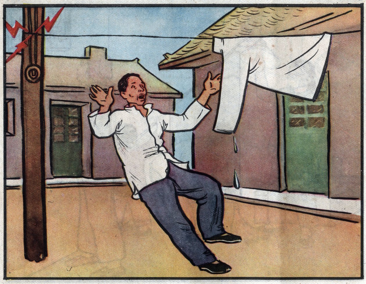 Zeichnung, die Gefahr der Elektroschocks durch das Aufhängen nasser Wäsche an elektrischen Kabeln. Illustration, in „How to use electricity safely“, China von School Chinese