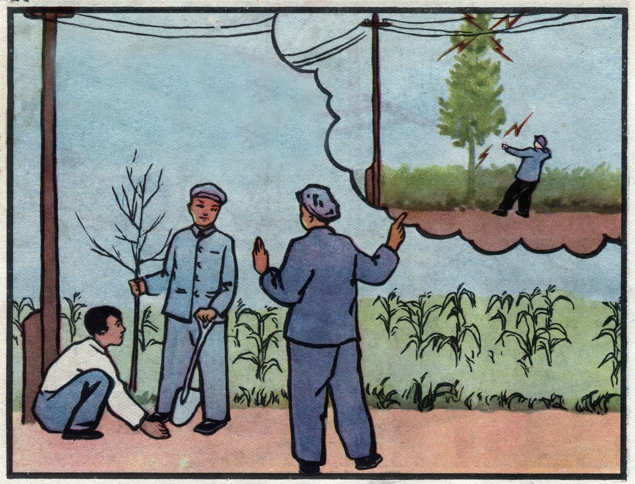Zeichnung, die vor der Gefahr warnt, einen Baum unter Stromleitungen zu pflanzen. Illustration in „Wie man Elektrizität sicher nutzt“, China von School Chinese