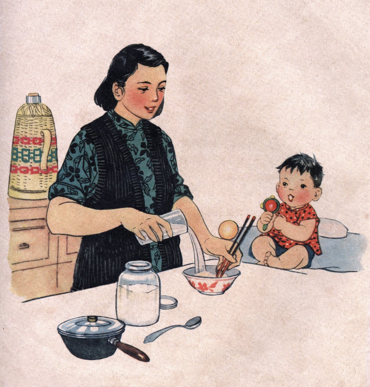 Mutter bereitet eine Babynahrung zu. Illustration, in "Wie wir unsere Kinder besser ernähren", Ausgabe Le Journal de la Sante, Peking von School Chinese