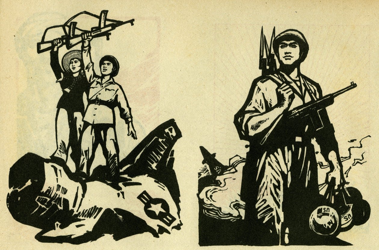 Vietnamesische Kommunisten als Sieger über die Vereinigten Staaten. Propaganda-Illustration, in „Manuel pour bien dessiner“, Peking von School Chinese