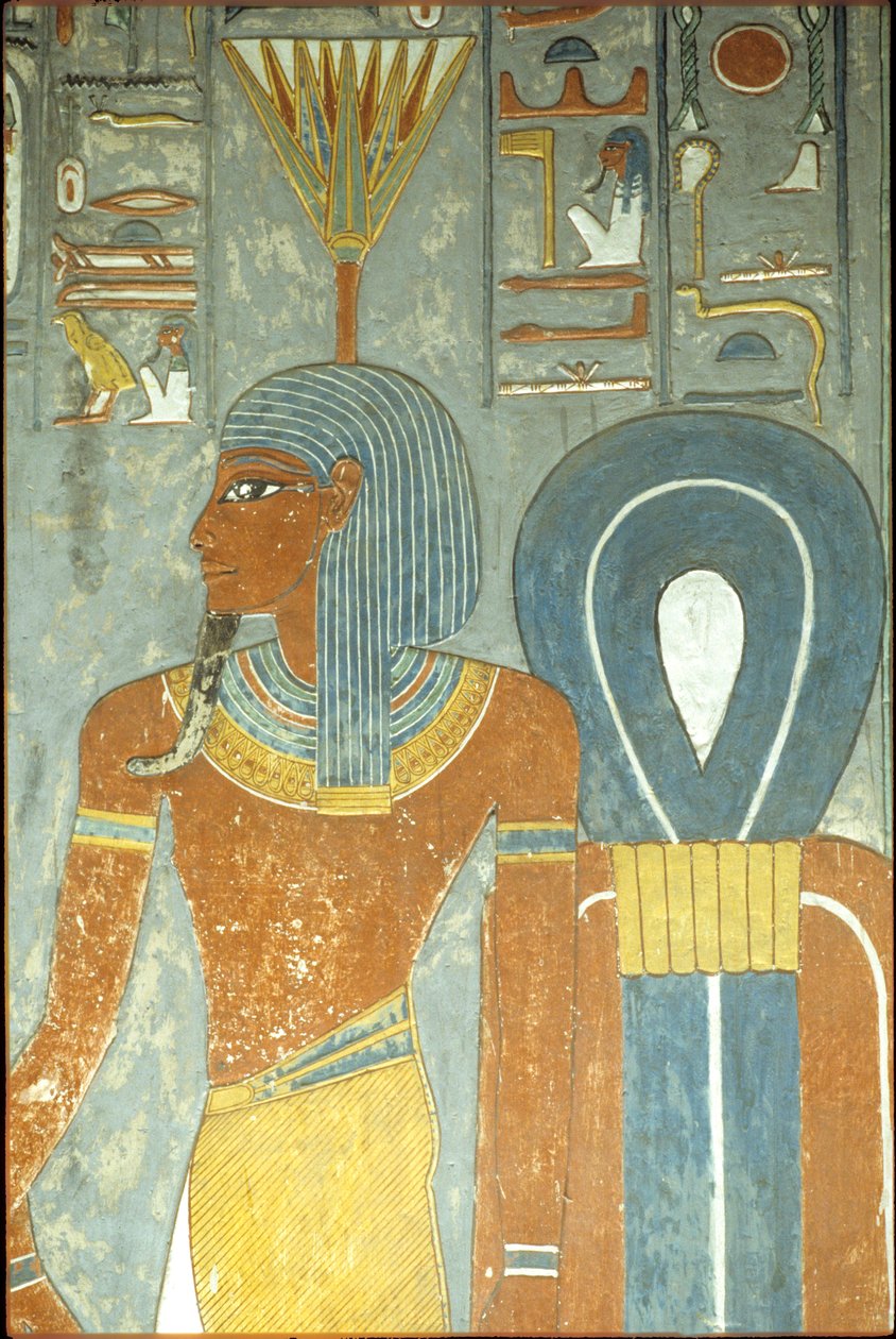 Altes Ägypten, Malerei, Grab von Horemheb, Theben 18. Dynastie, Gott Nefertum und Knoten der Isis, Nefertum oder Nefertem mit einem Wasserlilien- oder Lotus-Kopfschmuck (Foto) von School Egyptian