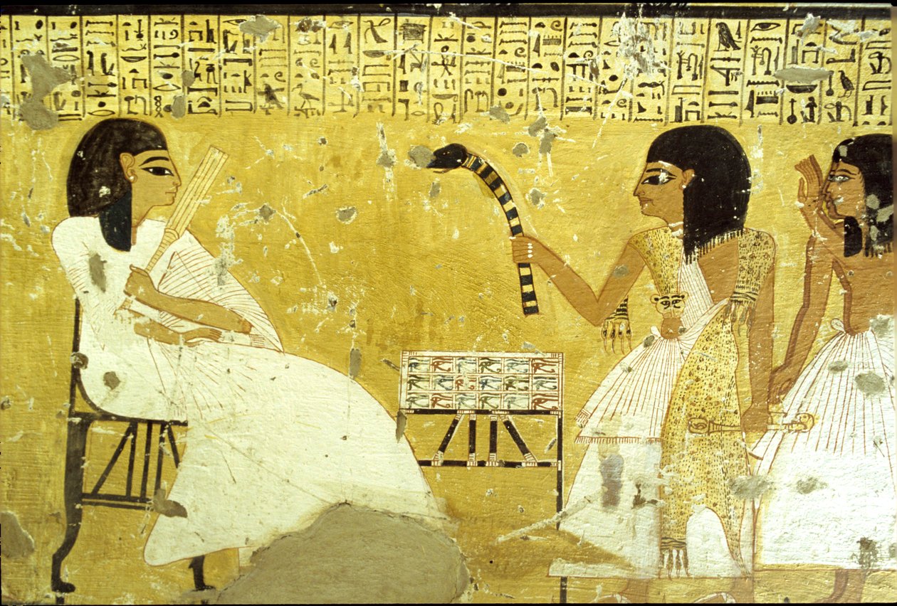 Altes Ägypten, Grab von Inherkhau, Theben, Inherkhau vor seinen Söhnen, die die Pflichten eines Priesters erfüllen, trägt ein Leopardenfell, Wandmalerei, Tal der Adligen, 20. Dynastie von School Egyptian