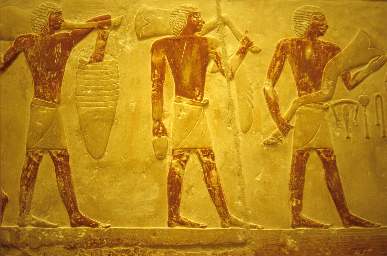 Altes Ägypten, Wandmalerei, Mastaba/Grab des Idout, Saqqara, 2323-2150 v. Chr., Träger mit Opfergaben von School Egyptian
