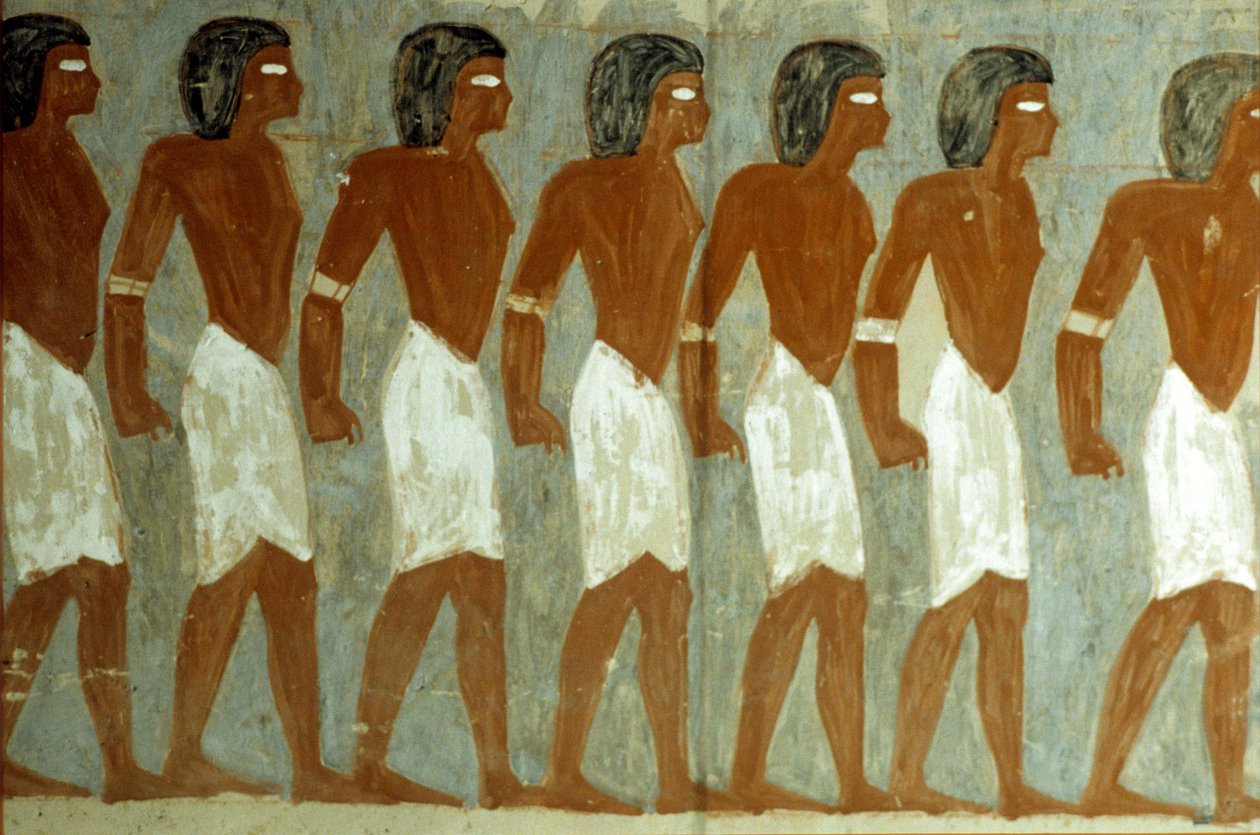 Altes Ägypten, Wandmalerei, Gefesselte Gefangene, Malerei unvollständig, Grab von Horemheb von School Egyptian