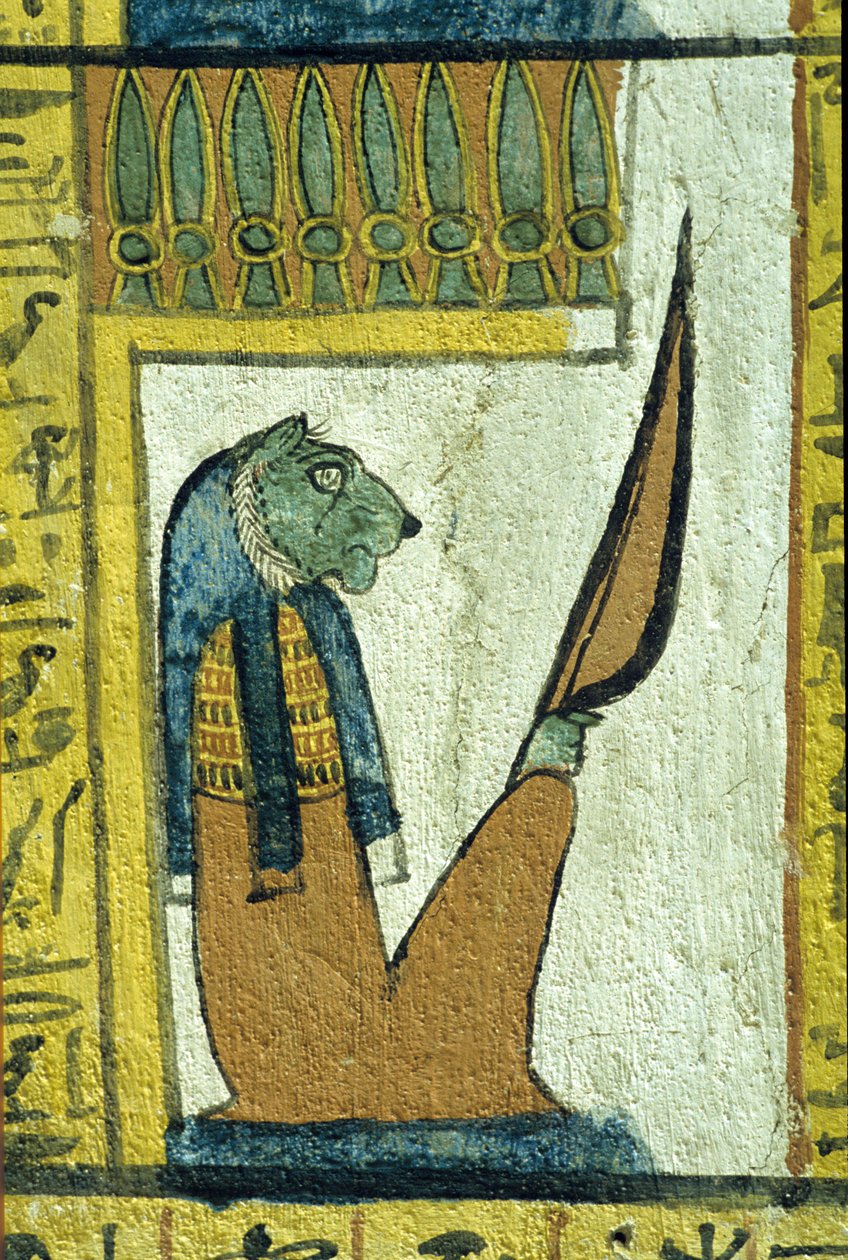 Altes Ägypten, Wandmalerei, Löwenköpfiger Gott der Unterwelt, Grab von Sennedjem, Theben, Deir el-Medina von School Egyptian