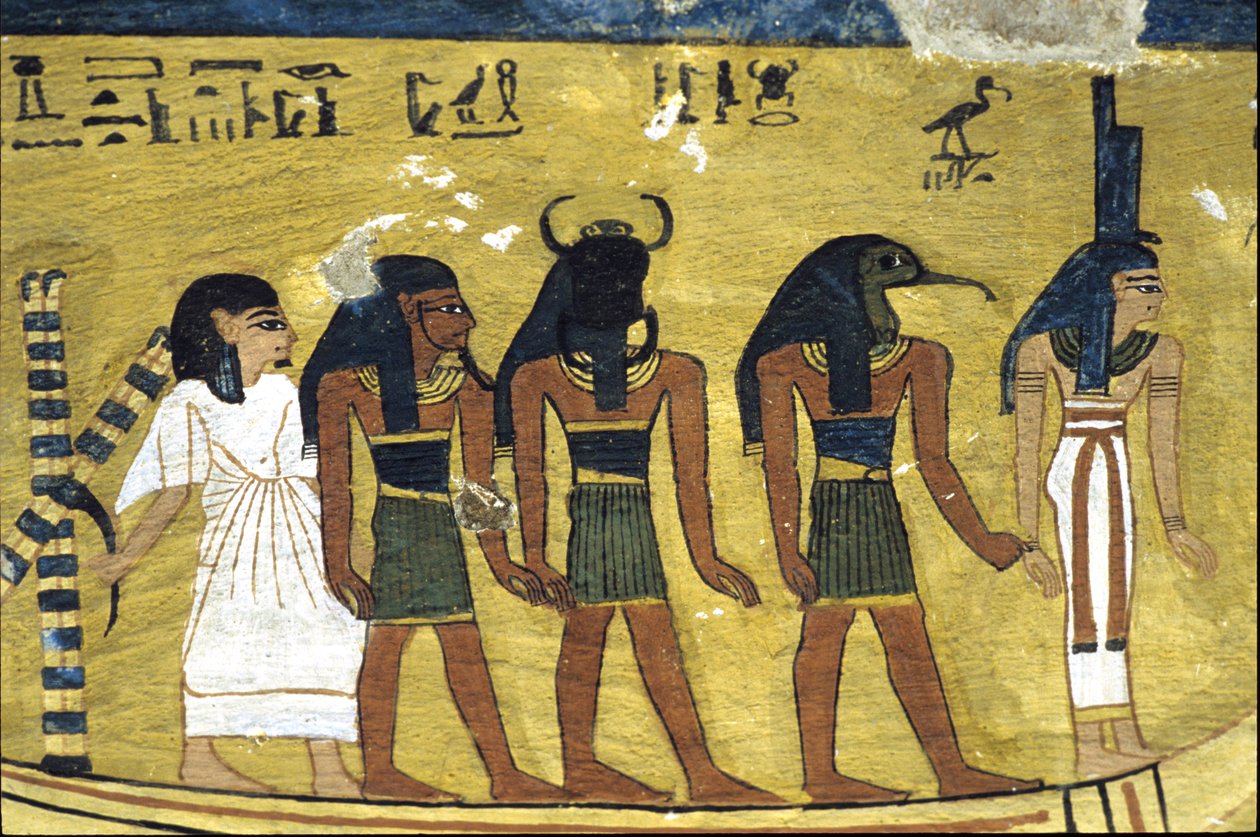 Altes Ägypten, Wandmalerei Grab von Inherkhau, Theben, Grab der Adligen, 20. Dynastie, Inherkhau in der Sonnenbarke mit Isis, Thoth und Khephri (Foto) von School Egyptian