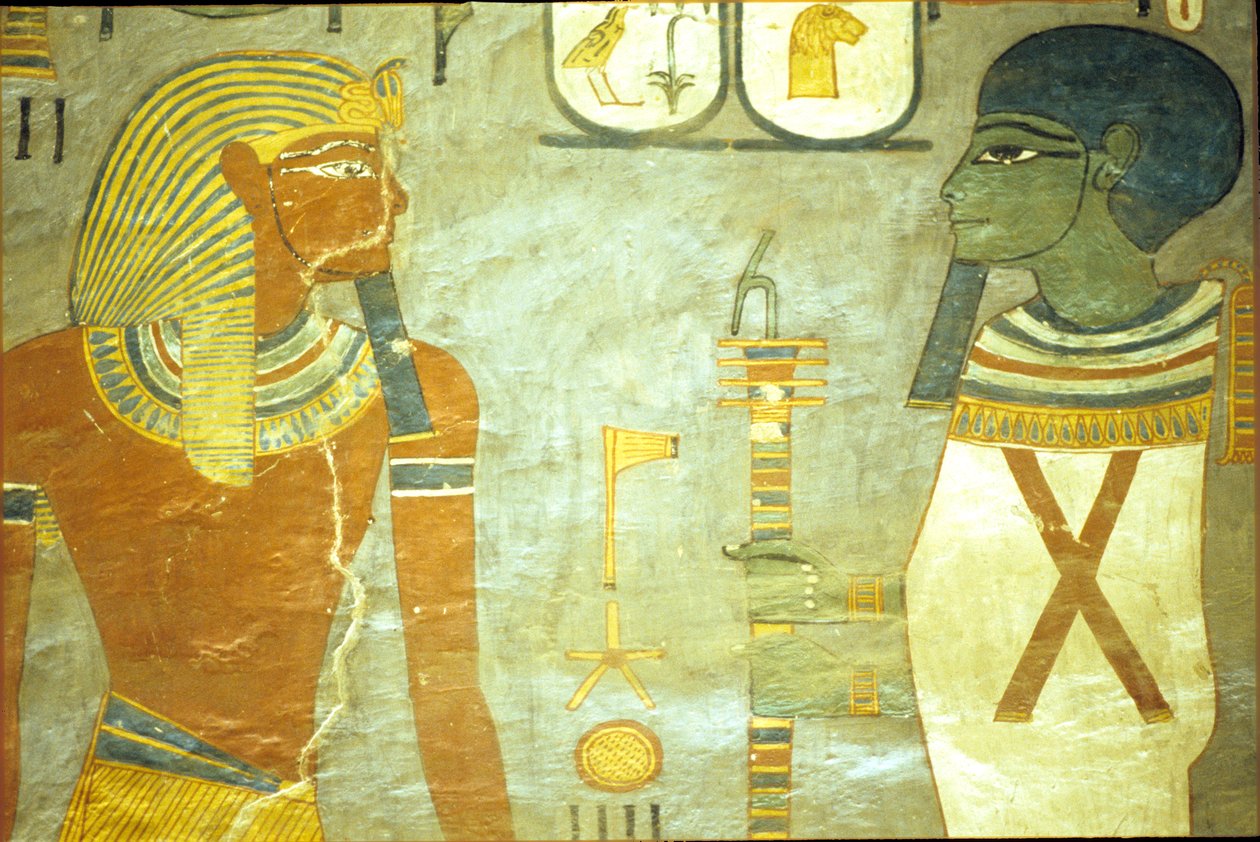 Altes Ägypten, Wandmalerei, Grab von Ramses I., Tal der Könige, 19. Dynastie, Ramses I. vor Ptah, Gott der Schöpfung von School Egyptian