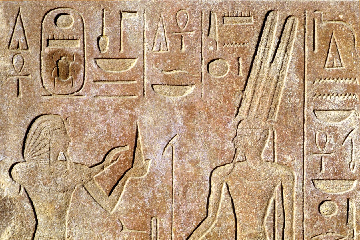 Altes Ägypten, Wandmalerei/Schnitzerei, Karnak/Luxor-Tempel, Hatschepsut bietet Amon Ra Brot an von School Egyptian